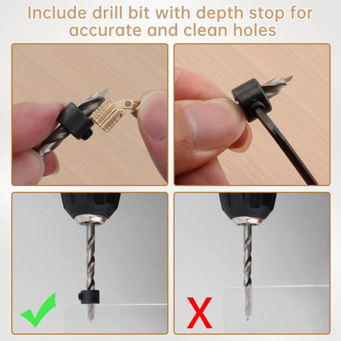 Close-up of 8 Pack 8mm Hidden Brass Barrel Hinges With Magnet Drill Bit And Depth Stop Collar for accurate clean holes