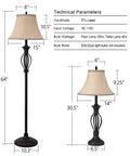 Three Piece Rustic Farmhouse Lamp Set With Beige Linen Shades, Black Metal Bases For A Cozy Living Room Vibe, Includes One Floor Lamp And Two Table Lamps, ETL Listed 110V Ready, Matching Scroll Design For Bedroom Or Office Decor, with technical parameters.