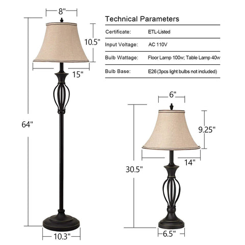 Three Piece Rustic Farmhouse Lamp Set With Beige Linen Shades, Black Metal Bases For A Cozy Living Room Vibe, Includes One Floor Lamp And Two Table Lamps, ETL Listed 110V Ready, Matching Scroll Design For Bedroom Or Office Decor, with technical parameters.