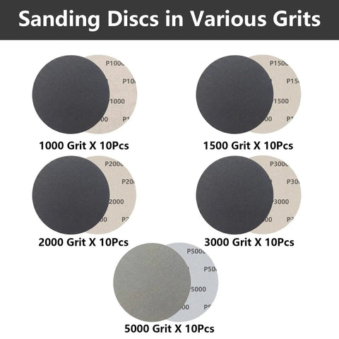 Get Ready To Polish Like A Pro With This Awesome 50 Piece 5 Inch Hook Loop Sanding Disc Kit Featuring 1000 To 5000 Grit Silicon Carbide Wet Dry Sandpaper For Smooth And Shiny Auto Body Work Results showing sanding discs in various grits.