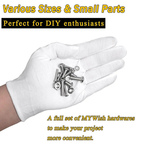 Gloved hand holding components from Massive 900Pcs Metric Screw Kit with M3-M6 button head hex screws and nuts for DIY projects.
