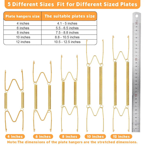 Set Of Seven Invisible Plate Hangers For Wall Display Featuring Stainless Steel Hooks In Four Six Eight Ten And Twelve Inch Sizes with size guide