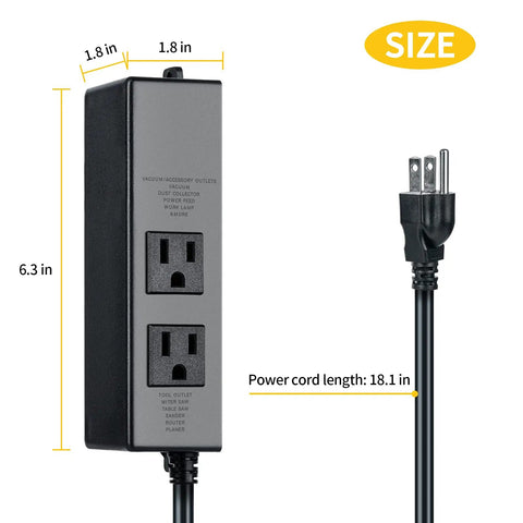 Automatic Dust Collector Switch For Power Tools With Instant Kickstart And Extended Shutoff Delay, showing 6.3x1.8x1.8 in size.