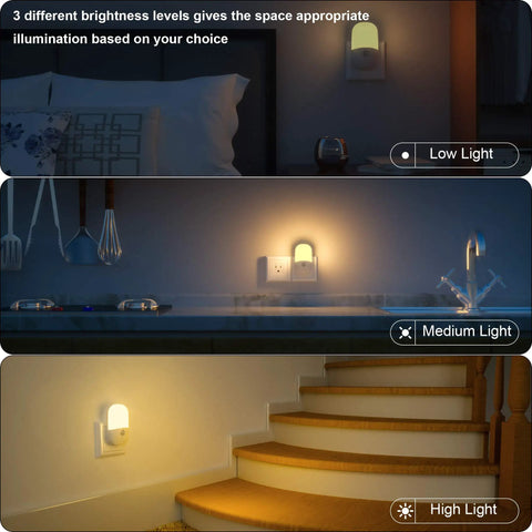 Plug In Motion Sensor Night Light Two Pack with Dusk To Dawn in low, medium, high light settings for bedroom, kitchen, stairs.