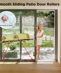 Heavy Duty Sliding Patio Door Rollers Replacement Kit With 1-1/4 Inch Side Adjustable Glass Door Wheels And Steel Ball Bearing Rollers installed on aluminum framed door showcasing smooth glide feature with a person sliding the door open.