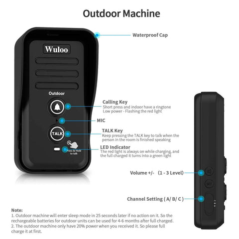 Wireless Intercom Doorbell for Home and Classroom Waterproof Electronic Door Chime With Half Mile Range Three Volume Levels Rechargeable Battery Easy Setup and Clear Sound, showing outdoor unit features and buttons.