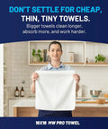 Person holding a large white microfiber towel in a kitchen for cleaning, labeled 16x16 MW Pro Towel, promoting absorbent features.