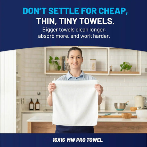 Person holding a large white microfiber towel in a kitchen for cleaning, labeled 16x16 MW Pro Towel, promoting absorbent features.