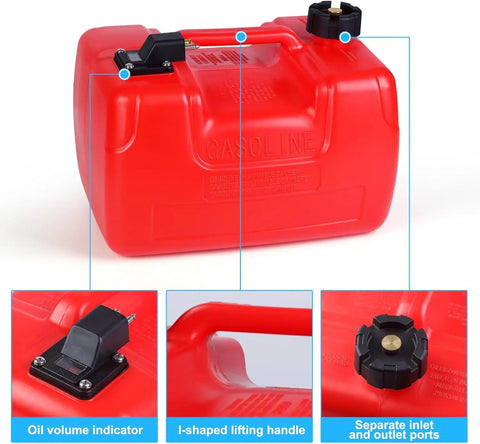 Red EPA Certified 3 Gallon Marine Gas Tank with leak resistant storage, flame mitigation device, oil volume indicator, I-shaped handle.