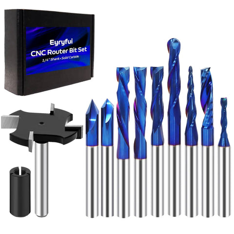 Ten Piece CNC Router Bit Set With One Quarter Inch Shank Solid Carbide For Woodworking Sign Making And Engraving, blue-coated bits