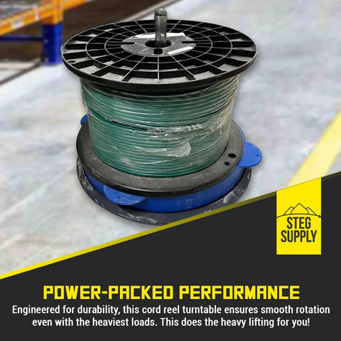 Rugged Heavy Duty Cable Reel Stand With Nylon Caddy And Metal Bearings holding a large spool of green cable, ideal for heavy duty use.