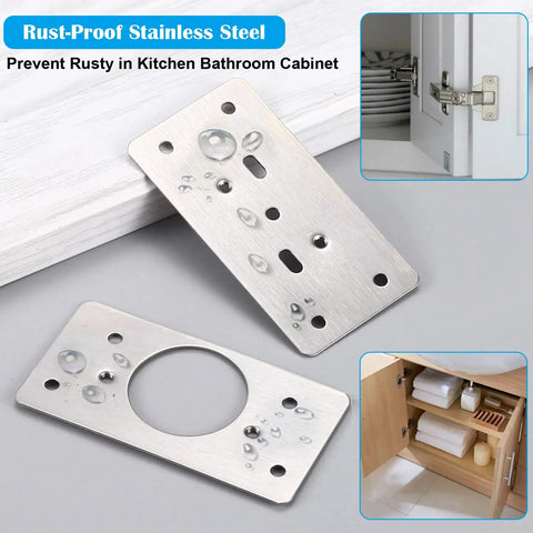 12 Pack Stainless Steel Cabinet Hinge Repair Kit With Door Hinge Repair Plates on a kitchen countertop, close-up view.