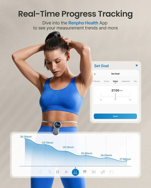 Woman using Big Display Bluetooth Smart Tape Measure For Fitness And Weight Loss, App Connected Body Measuring Tool.