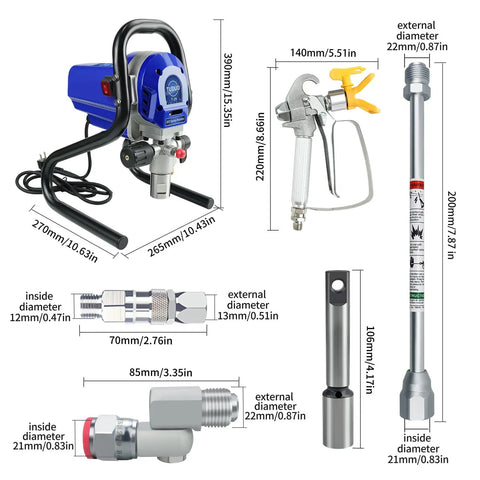Pro Level Airless Paint Sprayer, 3000 Psi Electric Power Tool With Low Overspray, Heavy Duty Spray Gun Kit components and dimensions