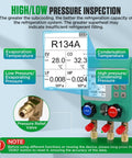 HVAC Digital Manifold Gauges Kit With Dual Pressure And Vacuum Tests, 92 Refrigerant Readouts, Hoses, R22 R134a R410a Compatibility, 1/4 Inch SAE Interface, Portable Hook, Leak Test And Refrigerant Fill with R134A pressure readout