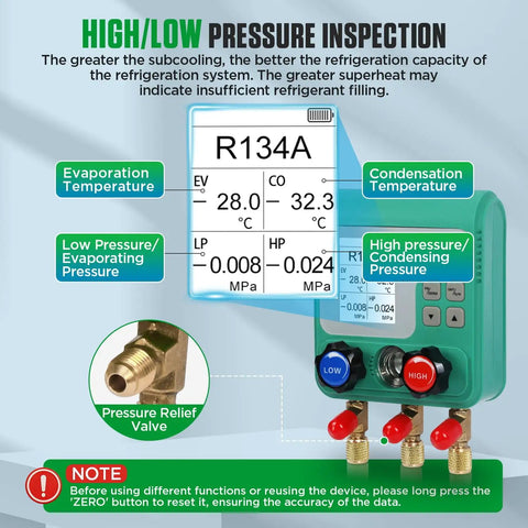 HVAC Digital Manifold Gauges Kit With Dual Pressure And Vacuum Tests, 92 Refrigerant Readouts, Hoses, R22 R134a R410a Compatibility, 1/4 Inch SAE Interface, Portable Hook, Leak Test And Refrigerant Fill with R134A pressure readout