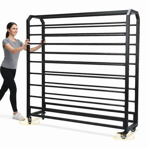 Straight Up Heavy Duty 16 Rods Fabric Roll Storage Rack With Adjustable Hanging Bars Easy Glide Casters No Fuss Vinyl Holder On Wheels, being pushed.