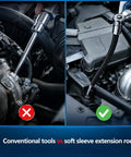 3 Pack 1/2 Inch Drive Flexible Shaft Extension, Universal Bending Torque Socket Rod shown in engine applications next to conventional tools.