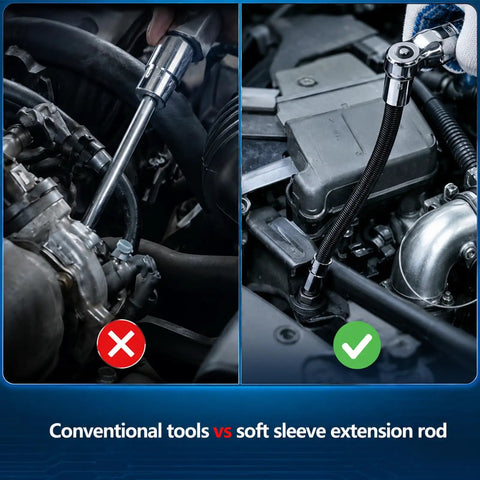 3 Pack 1/2 Inch Drive Flexible Shaft Extension, Universal Bending Torque Socket Rod shown in engine applications next to conventional tools.