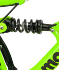 Status 24 Inch Kids Mountain Bike With 21 Speeds, Aluminum Full Suspension Frame, Steel Rear Triangle close-up of rear suspension