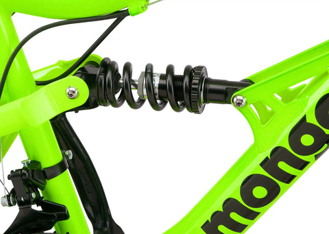 Status 24 Inch Kids Mountain Bike With 21 Speeds, Aluminum Full Suspension Frame, Steel Rear Triangle close-up of rear suspension