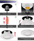 4 Inch Smart LED Recessed Downlight Kit installation steps with E26 base, plug connectors, spring clip, and ceiling flush mount.