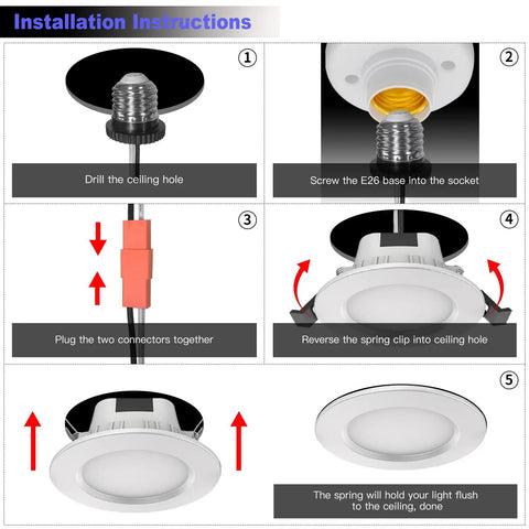 4 Inch Smart LED Recessed Downlight Kit installation steps with E26 base, plug connectors, spring clip, and ceiling flush mount.