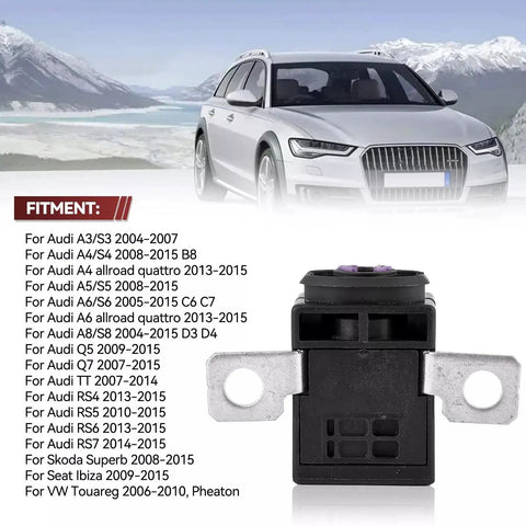 OEM Replacement Battery Fuse Overload Protector For Audi A4 A5 A6 Q5 Q7 2005 2024 with car background and fitment list
