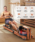 Man exercising on Water Rowing Machine For Home Gym With Wooden Frame And 400 Lbs Capacity, Bluetooth App Connectivity