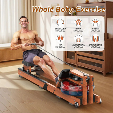 Man exercising on Water Rowing Machine For Home Gym With Wooden Frame And 400 Lbs Capacity, Bluetooth App Connectivity