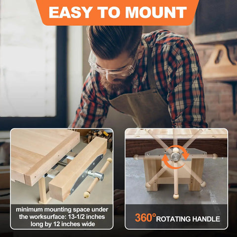 Heavy Duty Adjustable Woodworking Vise For Custom Workbenches Up To 23 Inches Thick, features a 360° rotating handle and easy mounting.
