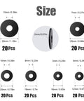 Heavy Duty 120 Pcs Flat Rubber Washers Assortment Kit with 6 sizes 12mm 16mm 18mm 20mm 25mm 30mm shown with dimensions