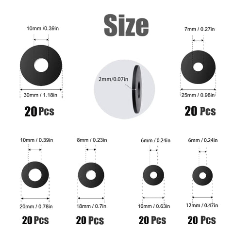 Heavy Duty 120 Pcs Flat Rubber Washers Assortment Kit with 6 sizes 12mm 16mm 18mm 20mm 25mm 30mm shown with dimensions