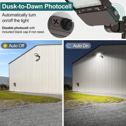 Illustration of Super Bright LED Parking Lot Light With Dusk-to-Dawn Photocell feature during day and night
