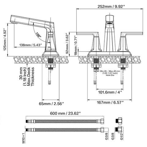Technical diagram of Two Handle Centerset Slick Black Bathroom Sink Faucet With Pull Out Sprayer 3 Hole 4 Inch Lavatory Mixer Tap