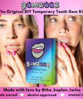 DIY Tooth Gem Starter Kit For A Sparkling Smile With Temporary Crystal Gems For Easy At Home Application Non Invasive Cosmetic Tooth Jewelry box in hand.