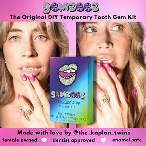 DIY Tooth Gem Starter Kit For A Sparkling Smile With Temporary Crystal Gems For Easy At Home Application Non Invasive Cosmetic Tooth Jewelry box in hand.
