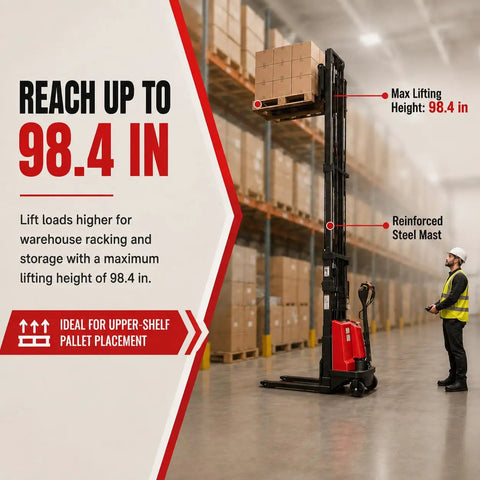 3300 LB Capacity Semi Electric Stacker And Compact Pallet Jack That Slips Into Tight Warehouse Spaces Like A Dream lifting pallets to 98.4 inches
