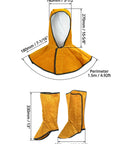 Leather Welding Hood Caps With Neck Drapes And Fireproof Shoe Covers For Welding Safety Boots, showing dimensions and design.