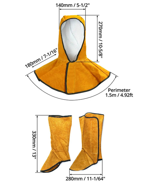Leather Welding Hood Caps With Neck Drapes And Fireproof Shoe Covers For Welding Safety Boots, showing dimensions and design.