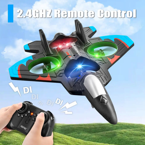 V32 Foam Remote Control Airplane With Light 360 Degree Flip Fighter Jet for Kids shown flying with 2.4GHz remote control.