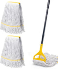 Heavy Duty Commercial Mop With 3 Extra Large Replacement Heads And A 59 Inch Long Handle, Looped End String Wet Cotton Mop For Floor Cleaning In Home Kitchen Office Garage, Workhorse Wet Or Dry Use On Concrete And Tile displayed with replaceable heads