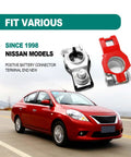 Heavy Duty Top Shelf Battery Terminals Compatible With Nissan Sentra Murano Maxima Rogue Auto Cable Top Posts positive and negative connectors on a car.
