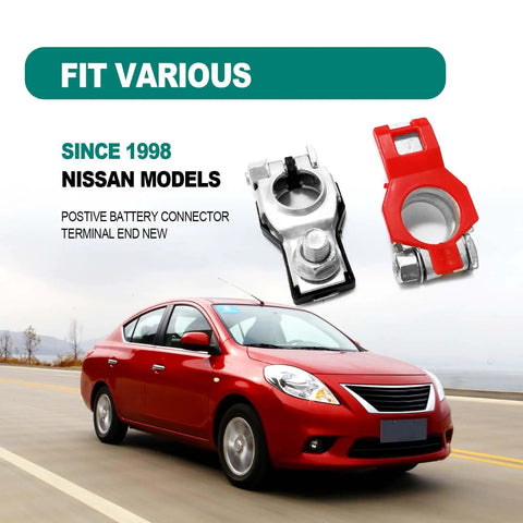 Heavy Duty Top Shelf Battery Terminals Compatible With Nissan Sentra Murano Maxima Rogue Auto Cable Top Posts positive and negative connectors on a car.