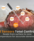 V Prime Wireless Meat Thermometer With 1200F Heat Resistance shown inserted in beef, displaying multiple temperature readings.