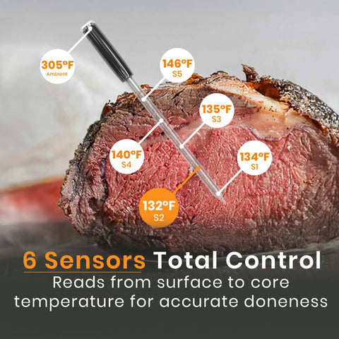 V Prime Wireless Meat Thermometer With 1200F Heat Resistance shown inserted in beef, displaying multiple temperature readings.