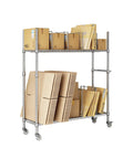 Heavy Duty Wire Carton Cart Rolls Smooth As Butter With Two Sturdy Shelves For Packing Stations with boxes and cardboard.
