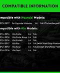 Compatibility information for 110A Drop-In Alternator Replacement For Kia Soul 2012-2016, Hyundai Veloster 2013-2017, 1.6L L4