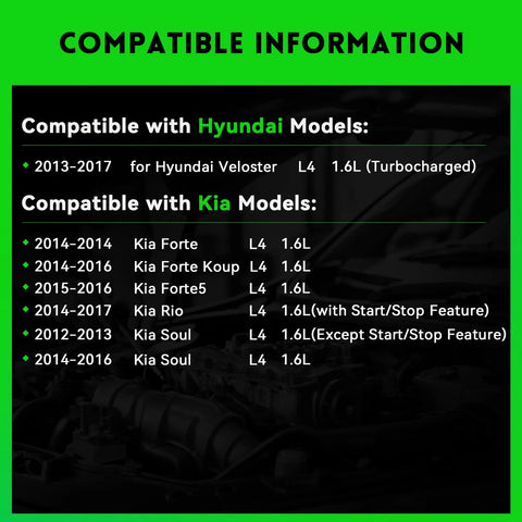 Compatibility information for 110A Drop-In Alternator Replacement For Kia Soul 2012-2016, Hyundai Veloster 2013-2017, 1.6L L4