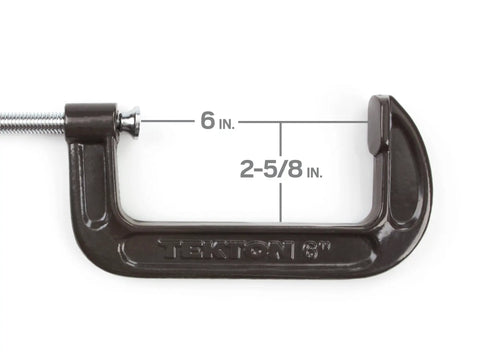 Heavy Duty 6 Inch Malleable Iron C Clamp For Woodworking Metalworking And Automotive Projects With I Beam Frame For A Beefy Grip And Smooth Acme Thread During Assembly, Gluing, And Welding, showing measurements of 6 inch opening and 2-5/8 inch depth